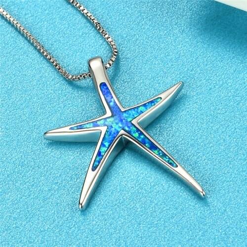 Girls Cute Starfish Pendant Necklaces For Women 925 Sterling Silver Filled Blue Green White Fire Opal Necklace Wedding Jewelry