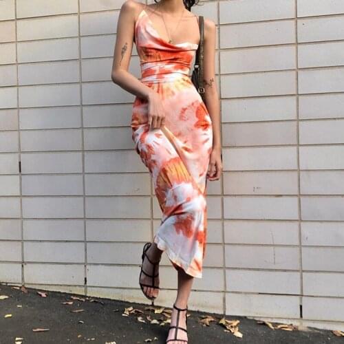 Women Sexy Tie Dye Print Backless Lace Up Midi Dresses Casual Y2K Sleeveless Club Party Holiday Spaghetti Strap Sundress 20S