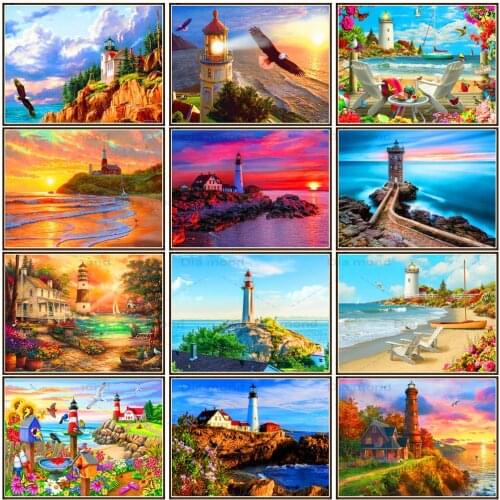 5D Diamond Painting Seaside Scenery Lighthouse Cross Stitch DIY Diamond Embroidery Kit Full Drill Artist Home Decoration