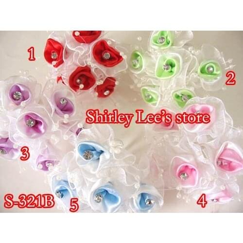 720pcs/lot MINI DIAMANTE FLOWERS SATIN ROSE ON Organza Ruffle W/BEADS in 5 colors for favor box decoration