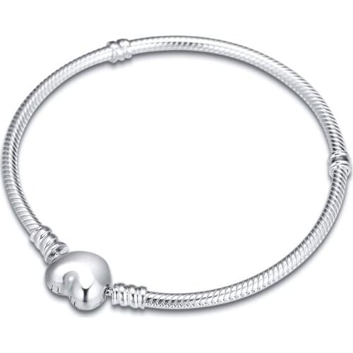 CKK Heart Clasp Bracelet 925 Sterling Silver Snake Chain Bracelets for Women Gift fit Charm Beads DIY Jewelry B011