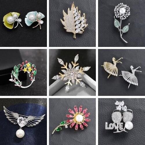 Luxury Big Feather Flower Dance Girl Snowflake Brooches Pins Jewelry Cubic Zirconias Brooch for Women Bouquet Christmas Broche