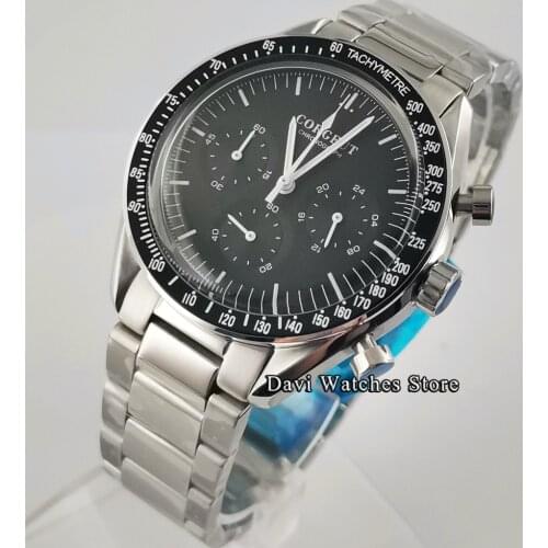 Corgeut 40MM Mens Watches Black Dial 24-Hour Multi-Function Stainless Steel Chronograph Quartz Watch Sport Relogio Masculino
