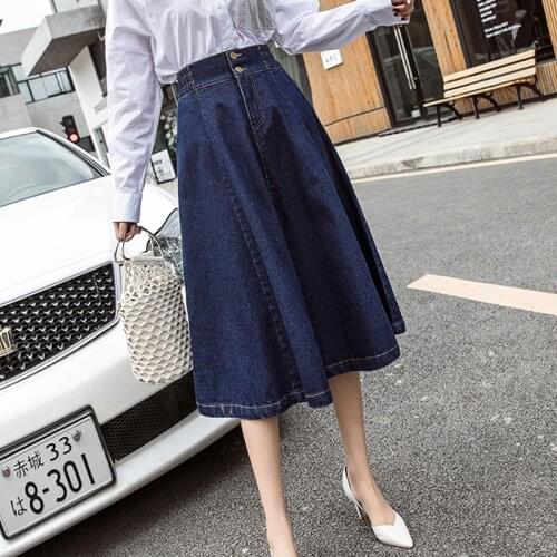 Zoki Elegant Women Denim Skirt Autumn Fashion Button A Line Jean Mid-calf Skirt Casual Korean Plus Size Loose Faldas Female 2020