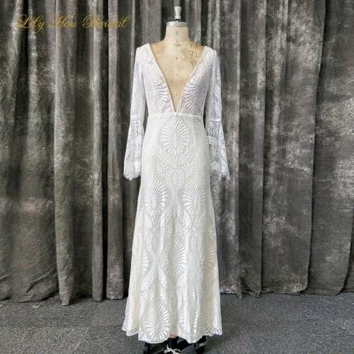 Actual Image Boho Lace Bohemian Wedding Dress Deep V Neck Flare Sleeves Country Style Backless Bride Gown