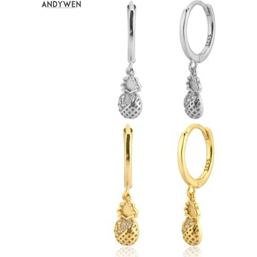 ANDYWEN 200 New 925 Sterling Silver Gold Pineapple Pendiente Clips Piercing Earring Round Circle Jewelry Crystal Pave