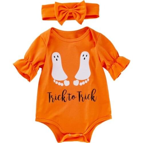 Autumn Spring Baby Girls Boys Clothes Halloween Alphabet Foot plate Print Triangle Romper Soft Cotton Headband Cute 2pcs Set