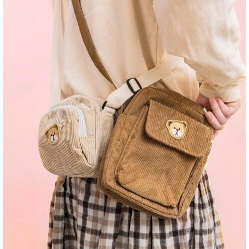 Fashion Mini Purses Casual Shoulder Tote Bags for Women New Square Messenger Bags Corduroy Cartoon Bear Canvas Handbag