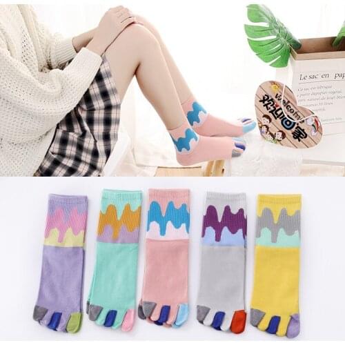 Five Finger Socks Womens Medium Tube Cotton Autumn Winter Spring Cartoon Split Toe Socks Sweet Casual Cute Cartoon Socks