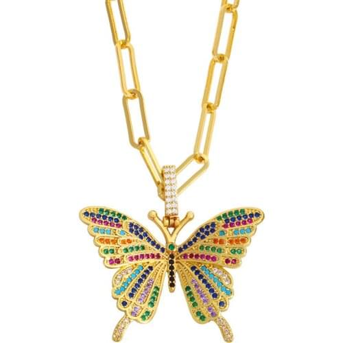 2021 New Arricval Thick Chain Shiny CZ Colored Zircon Butterfly Charms Pendant Necklace Clavicle Chain Hip Hop Dainy Jewelry