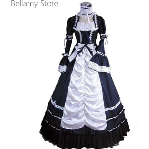 Navy bow Lolita retro Victorian Gothic long sleeve puff dress dress