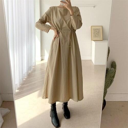 Simple solid termperament long dress elegant fashion all-match fit and flare dress 2021 new spring outgoing dress womens dress