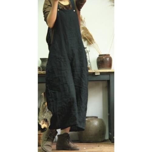 QPFJQD Ladies Simple Plus Size Ramie Jumpsuits Retro Thin Autumn Summer Overalls Women Loose Ramie Rompers Solid Color