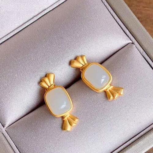 Cute Earrings Womens S925 Sterling Silver Small and Simple Refined Grace Candy Earrings Natural Hetian Jade Earrings Earrings