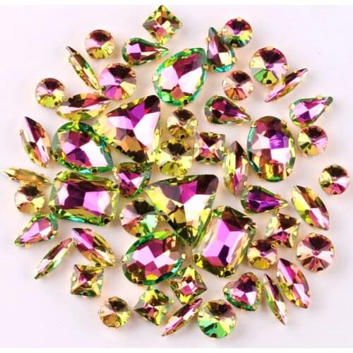 Gold claw settings 50pcs/bag shapes mix peridot rainbow glass crystal sew on rhinestone garments shoes bags diy trim