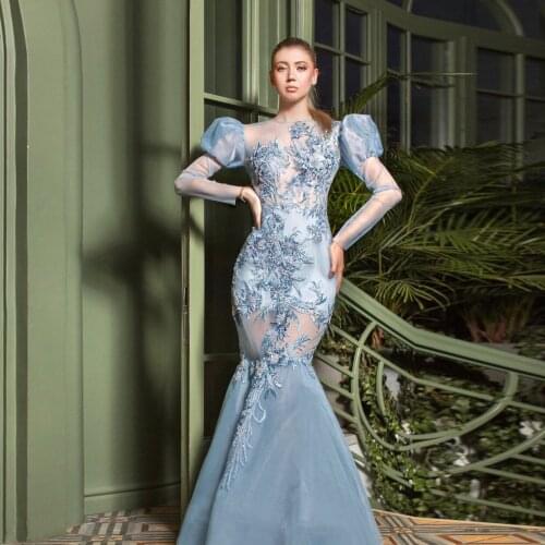 Light Blue Elegant High Quality Evening Dress Floor Length Applique See Thru Mermaid Dress Saudi Arabia Prom Dress Plus Size