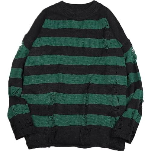 Striped Sweaters Autumn Unisex Hole Knitted Sweaters Women Vintage Oversized Pullovers Casual Korean Loose Harajuku Knitwear