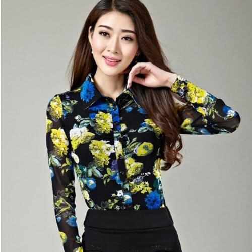 Spring Fall Casual Womens Painted Floral Pleated Stretch 3xl Mesh Blouse , Summer Female Woman Full Sleeve Slim Flower Blouses