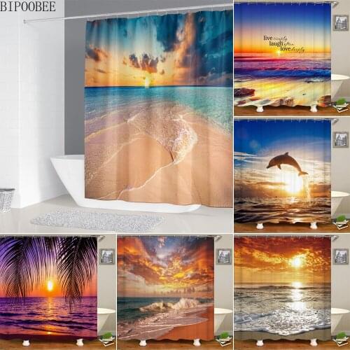 Dusk Sandy Beach Printed Shower Curtains Waterproof Polyester Bath Curtain Ocean Scenery Durable Bathroom Decor Bathtub Screen