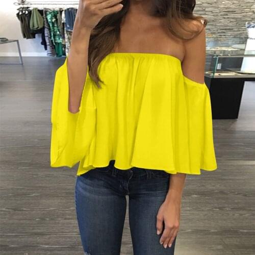 Womens Sexy off-Shoulder Chiffon Blouse Solid Color plus size Top tee half sleeve Pullover Casual T shirt женские свитера