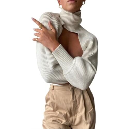 Female Sweater Solid High Collar Long Puff Sleeve Knitwear Pullover for Women Apring Autumn Y2K Aesthetic Crop Top Halter Top