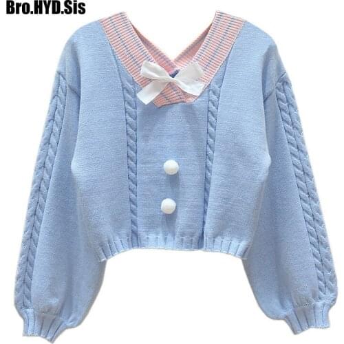Korean Style Knitted Sweater Women Sweet V Neck with Bowknot Vintage Pullover Femme Long Sleeve Knitwear Crop Top Pink Jumpers