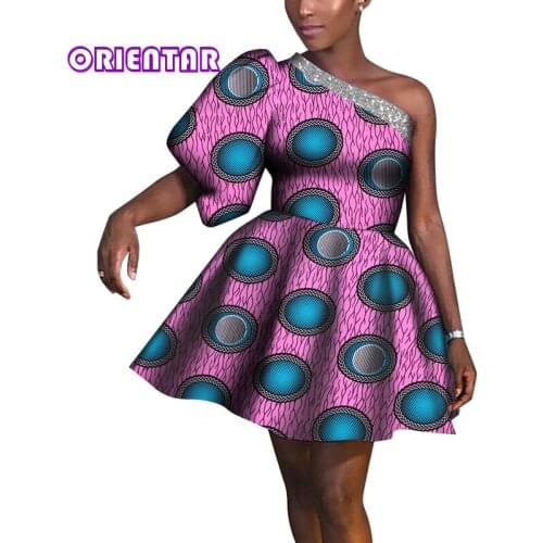 Fashion African Women Dress African Wax Print One Shoulder Ankara Short Dress Dashiki Women Africa Clothing Plus Size WY8224