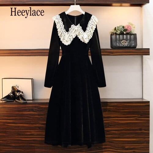 Plus Size Dress Autumn Winter French Vintage Black Velvet Vestidos Peter Pan Collar Long Sleeve Elegant High Waist Long Dresses