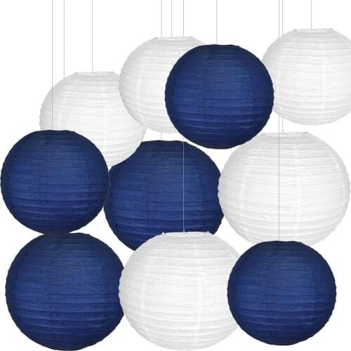 10 pcs White Navy Blue Paper Lantern Mixed Size 12“ 14“ Chinese Paper lampion for Wedding Hanging Winter Parties Decorative