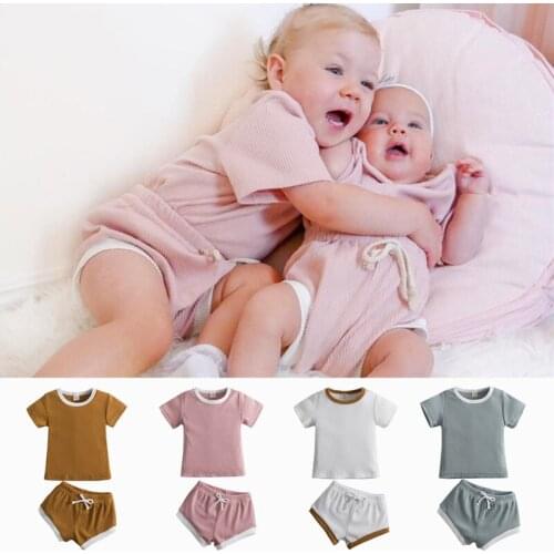 2021 Toddler Baby Boys Girls Summer Clothing Newborn Kids Baby Girls Ribbed Knitted Short Sleeve T-shirts+Shorts Tracksuits Sets