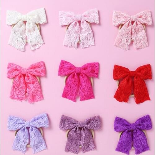 36pc/lot New 4.4" Lace Handtied Bows With Thin Nylon Headband Or Clips For Girls Kids Lace Bow Elastic Headband Hair Accessories