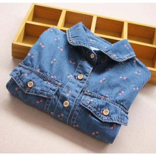 New Arrival Baby Girls Cotton Denim Blouses Girls Cherry-print Denim Shirts Child Spring Autumn Soft Denim Blouses