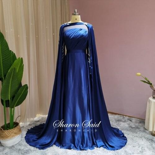 Elegant Navy Blue Long Sleeve Arabic Evening Dress with Cape Luxury Beaded Dubai Formal Dresses for Women Wedding Party Gowns