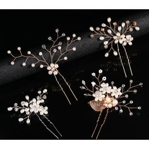 Festival Wedding Alloy Leaves Rhinestone Pearl Flower U-Shape Hairpin Beautiful Bride Headdress Plait Hair Clip Vine Accessories