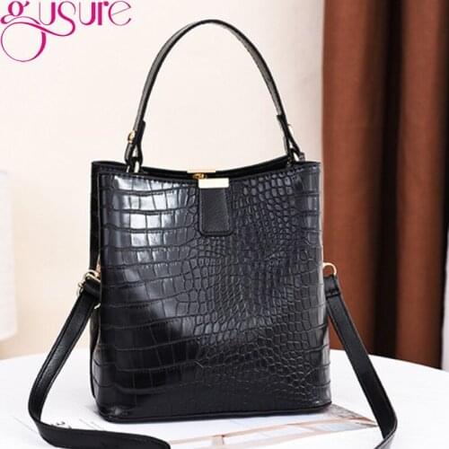 Gusure Retro Alligator Bucket Bags Women PU Crocodile Pattern Handbag Capacity Casual Crocodile Shoulder Messenger Bags Ladies