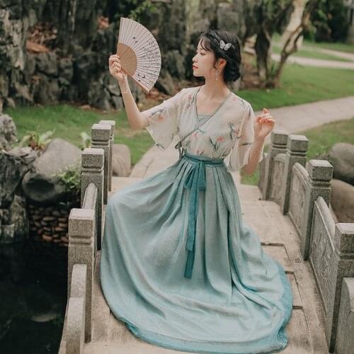 Chinese Traditional Dress Hanfu Women Dress Summer 2021 Chinese Vintage Puff Sleeve Chiffon Dresses Hanfu Femme Three-piece Set