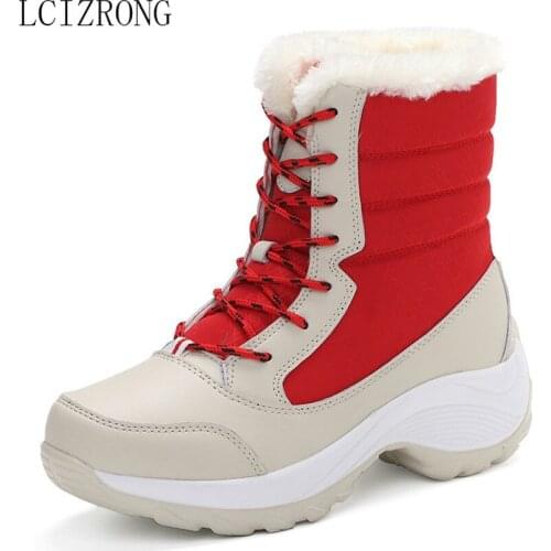 LCIZRONG 2019 Winter Women Boots Waterproof Wedge Warm Plush Snow Boots Woman Casual Lace Up Thick Cotton Shoes For Female