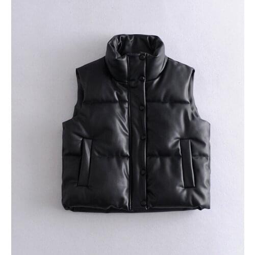 Trendy Winter Women Vest Coat Pu Faux Leather Vest Jacket Casual Female Stand Collar Zipper Thick Warm Cotton Vest Outwear