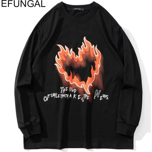 Fire Heart Hip Hop T Shirts Men Letter Print Long Sleeve Streetwear Harajuku T-shirt Sweatshirts Cotton Casual Tops Gothic Tees