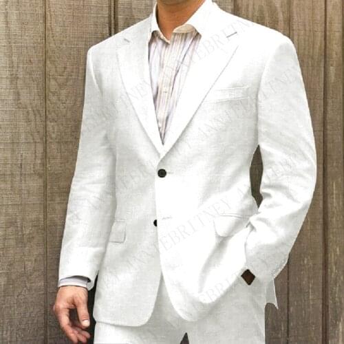 ANNIEBRITNEY 2019 White Linen Men Suits Set Casual Tuxedo Slim Fit Summer Beach Bridegroom Wedding Blazer Custom Suit for Men