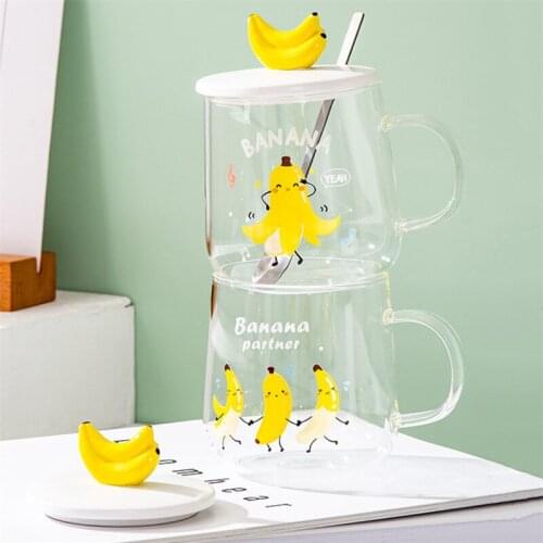 Nordic Cute Cartoon Banana Glass Coffee Milk Mug with Lid and Spoon Set Office Heat Resistant Flower Tea Cup Drinkware 450ML