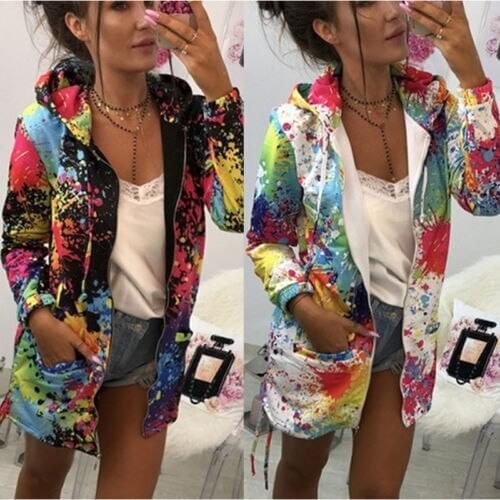 Women Coats Lady Floral Long Sleeve Hooded Coats Jackets Fall Winter Clothes Graffiti Zipper Women Outerwear Overcoats