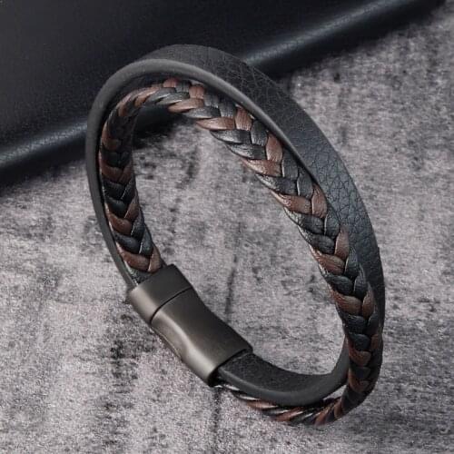 Luxury Stainless Steel Accessories Match Mens Leather Bracelet Multi-layer Hand-woven Bracelet Handsome Boys Valentines Gift