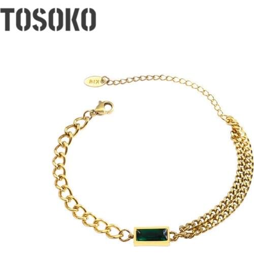 TOSOKO Stainless Steel Chain Zircon Double Chain Folding Bracelet Jewelry For Women BSE167