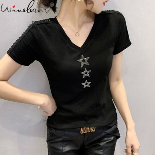 Summer European Clothes Cotton T-Shirt Chic Sexy V-Neck Women Tops Short Sleeve Shiny Diamonds Chain Tees New Black 2021 T13509A