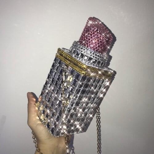 Sparkling Lipstick Women Handbags All Rhinestones Luxury Shoulder Bags Fashion Designer Handbags Evening Purse Storage Bag White