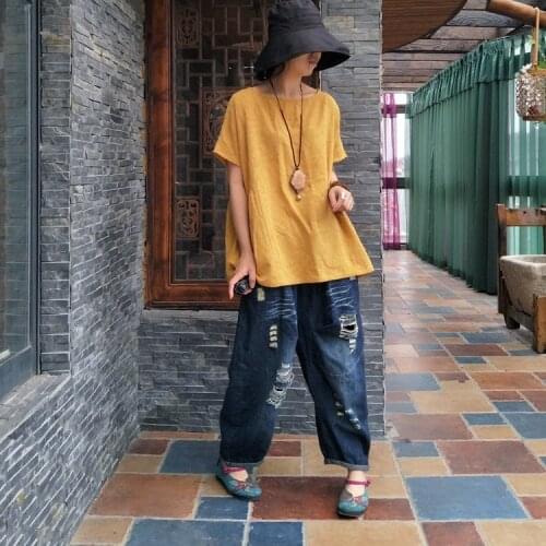 Women Loose Casual Solid Color Jacquard Cotton Linen Tees Shirts Ladies Short Sleeve Vintage Loose Tee Shirt T-shirt Tops Summer