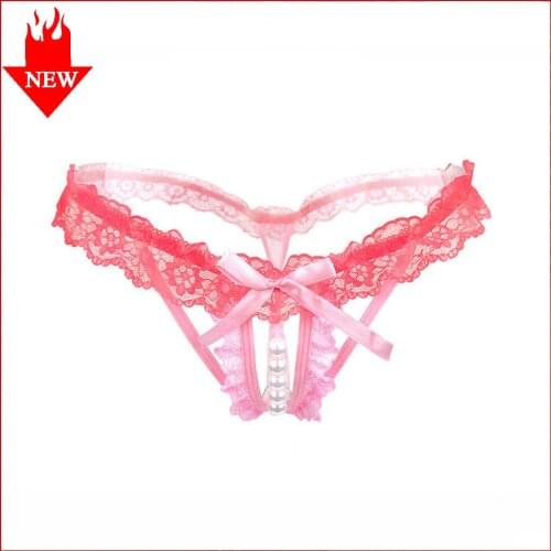 Womens Sexy Crotchless G-String Lace Transparent See Through Panties Female Whore Lingerie Thong Briefs Satin Bow Pearl T Panty
