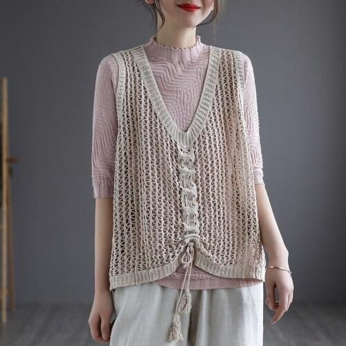 Johnature Women Cotton Knitted Vest V-neck Sleeveless Solid Color Vintage Drawcord Loose Hollowed Out2021 Autumn New Simple Vest