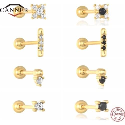 CANNER 1 Pc 925 Sterling Silver Stud Earrings For Women Mini Black White Zircon Piercing Earring silver 925 Jewelry pendientes